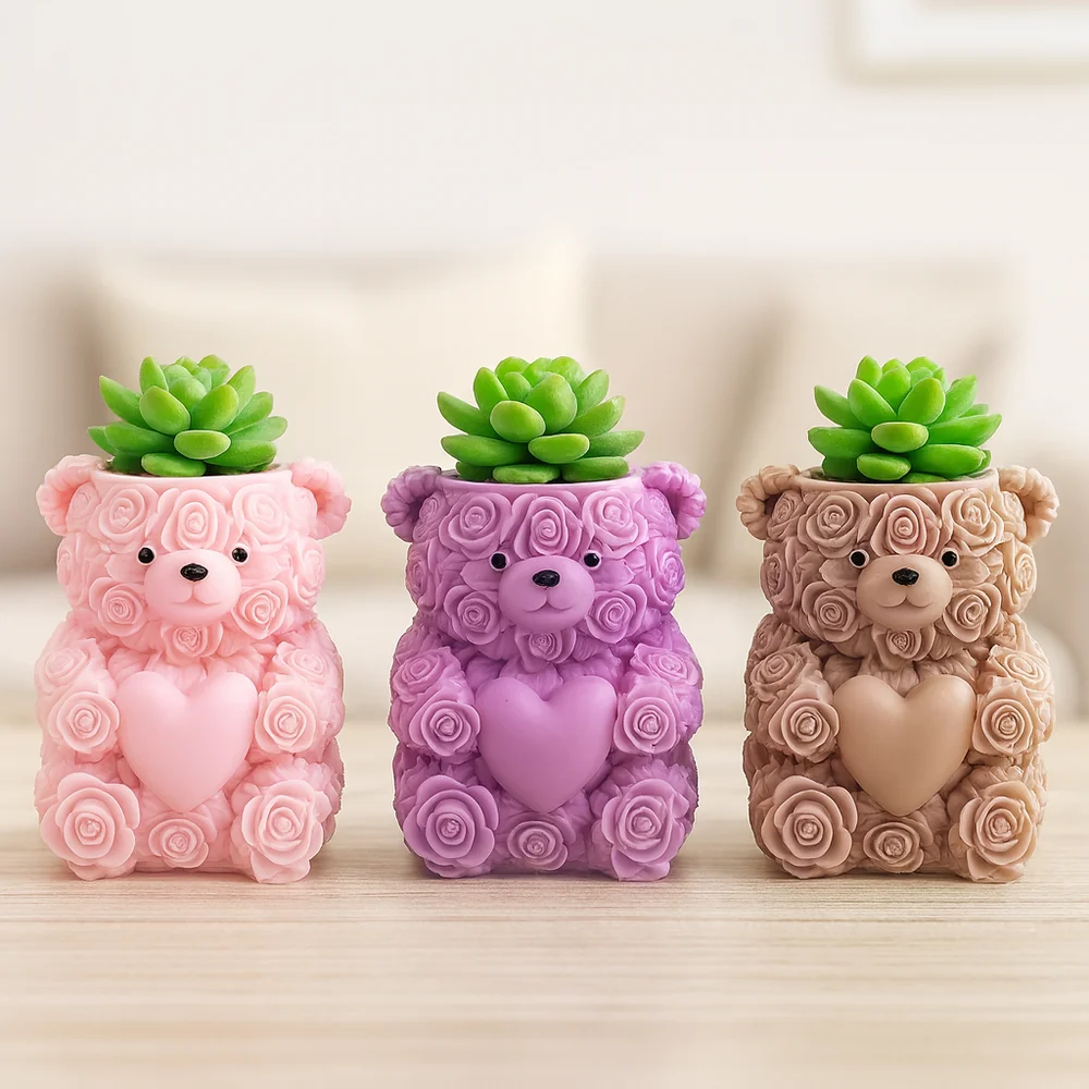 Rose Bear Silicone Candle Mold with Heart Container Design