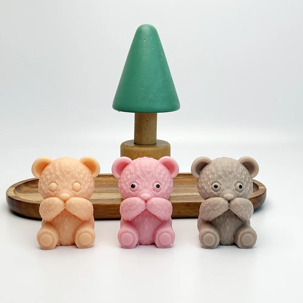 Teddy Bear Silicone Candle Mold with Hands on Face