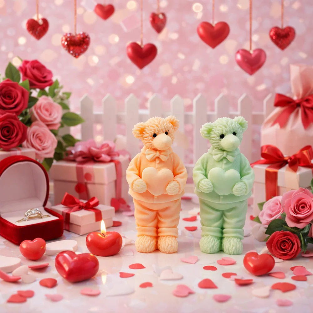 Gentleman Bear Silicone Candle Mold with Heart Design