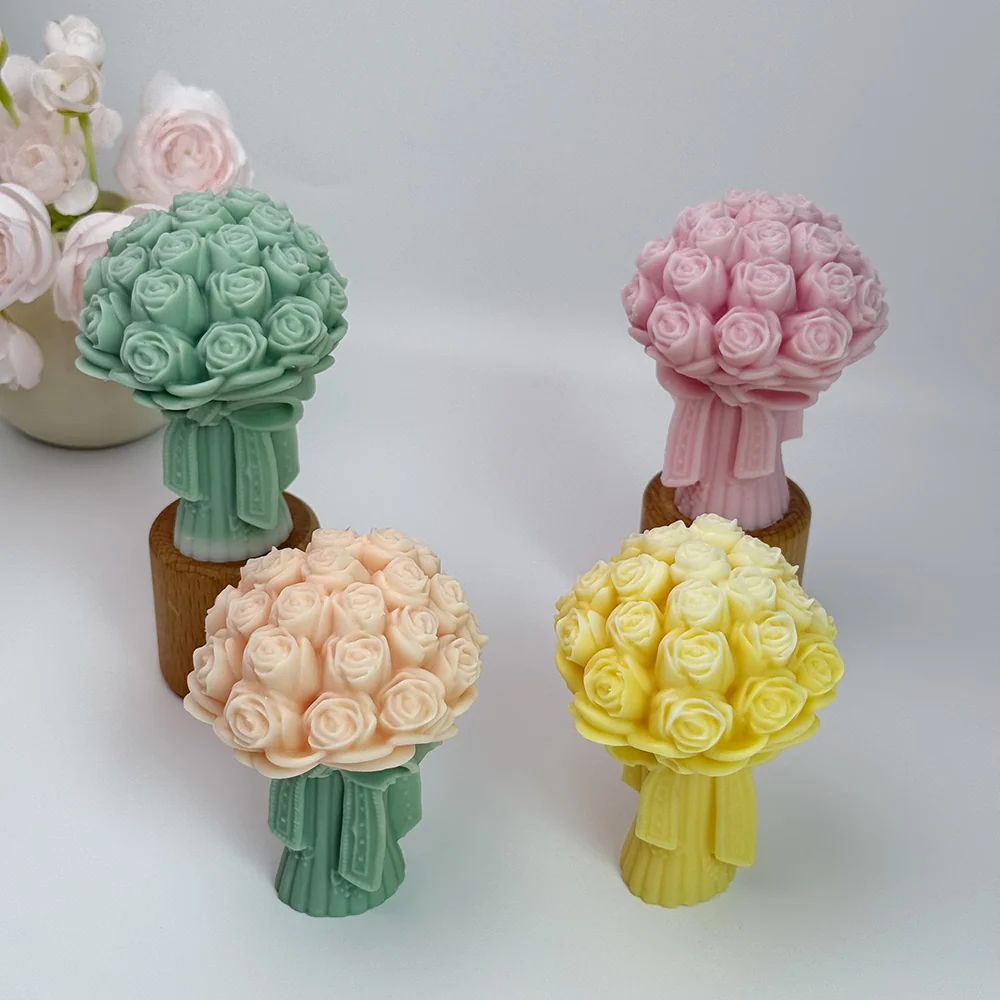 Rose Bouquet Silicone Candle Mold with Bow Design