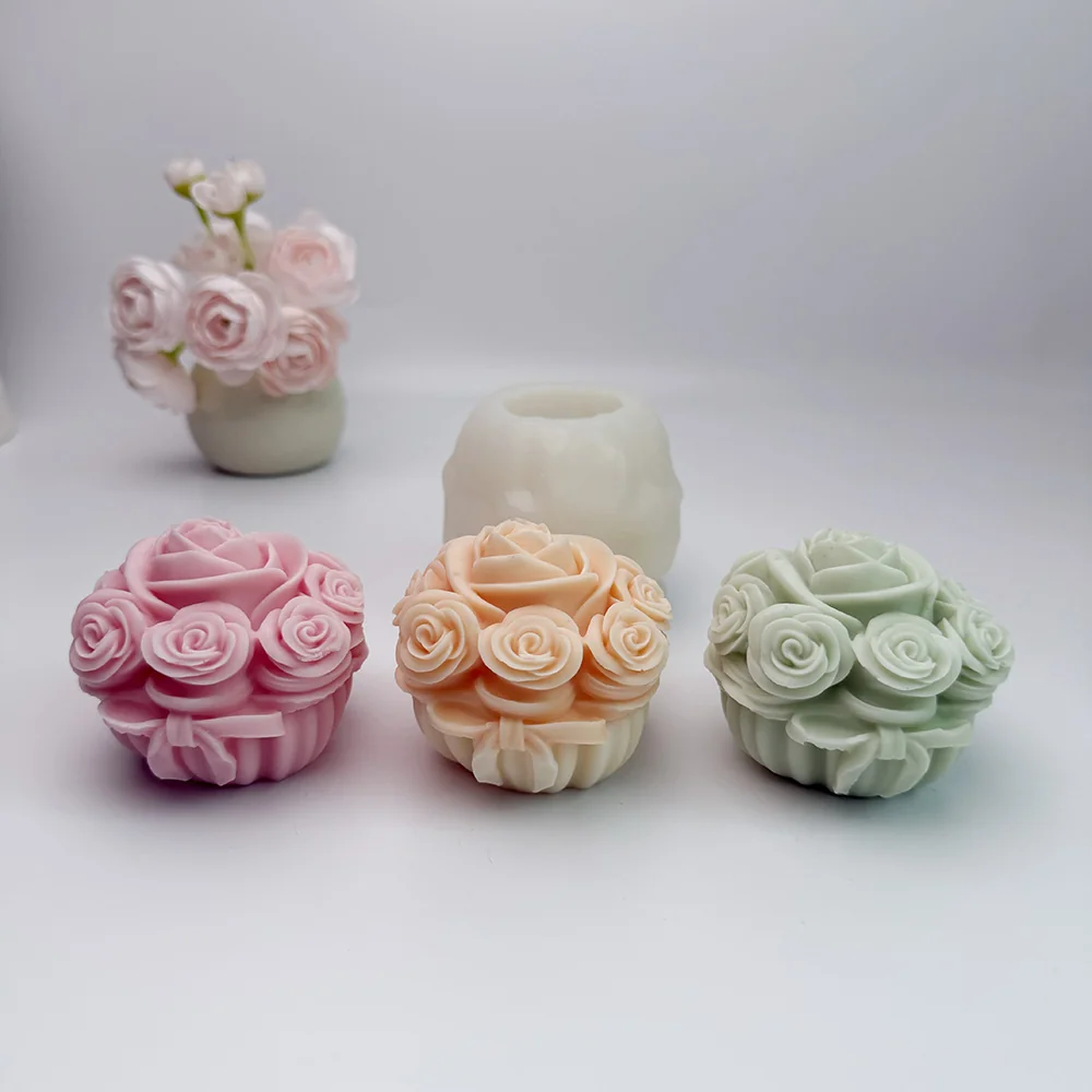 Rose Basket Silicone Candle Mold with Bow Design