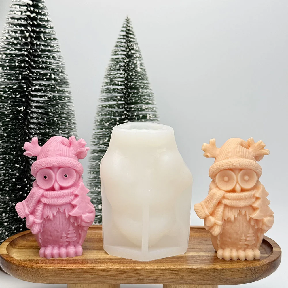 Christmas Owl Silicone Candle Mold with Reindeer Hat Design