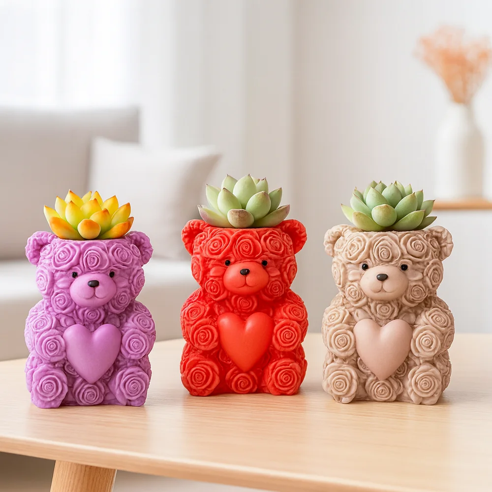 Rose Bear Silicone Candle Mold with Heart Container Design