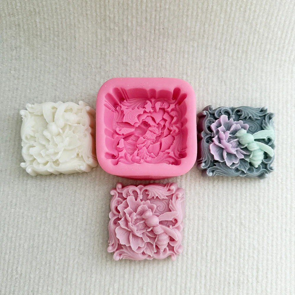 A0013-欧式牡丹蜜蜂浮雕硅胶蜡烛模具
