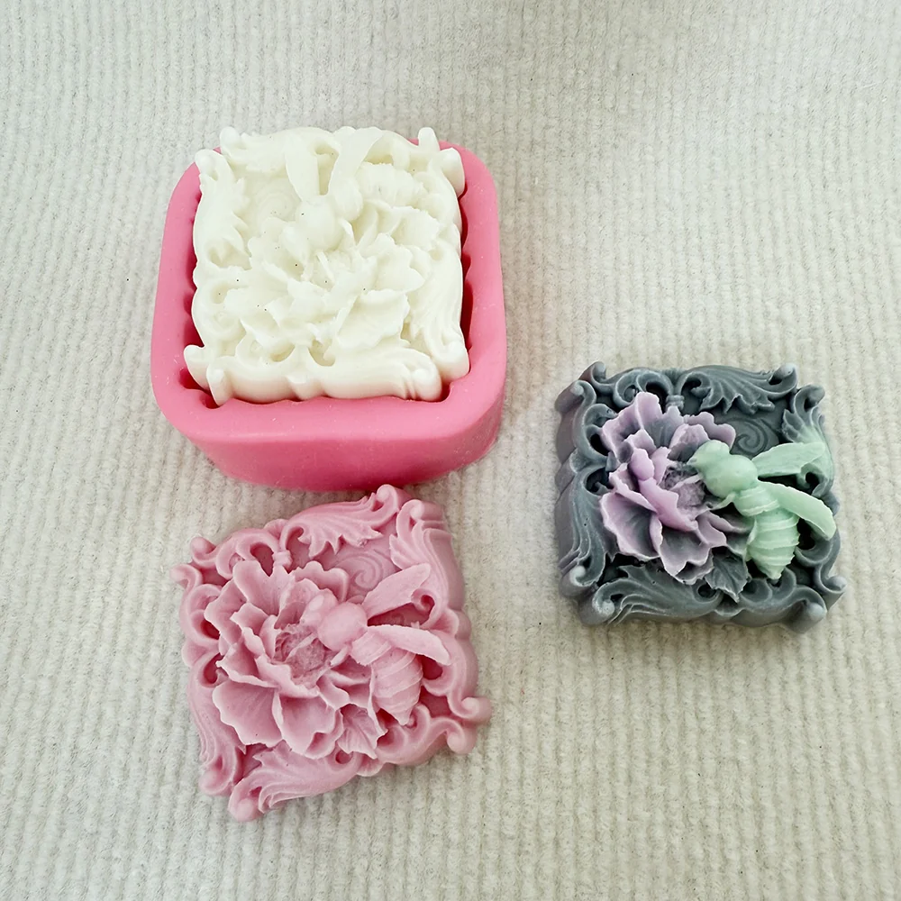A0013-欧式牡丹蜜蜂浮雕硅胶蜡烛模具