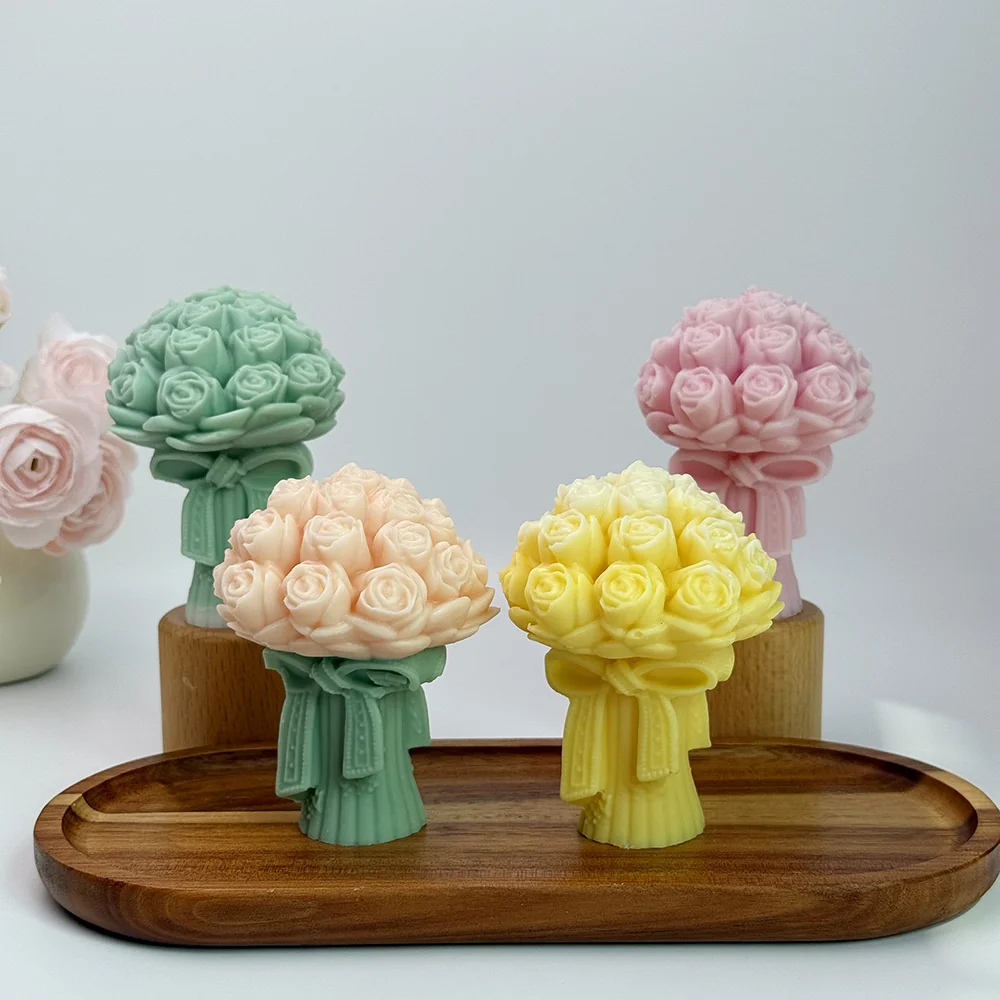 Rose Bouquet Silicone Candle Mold with Bow Design