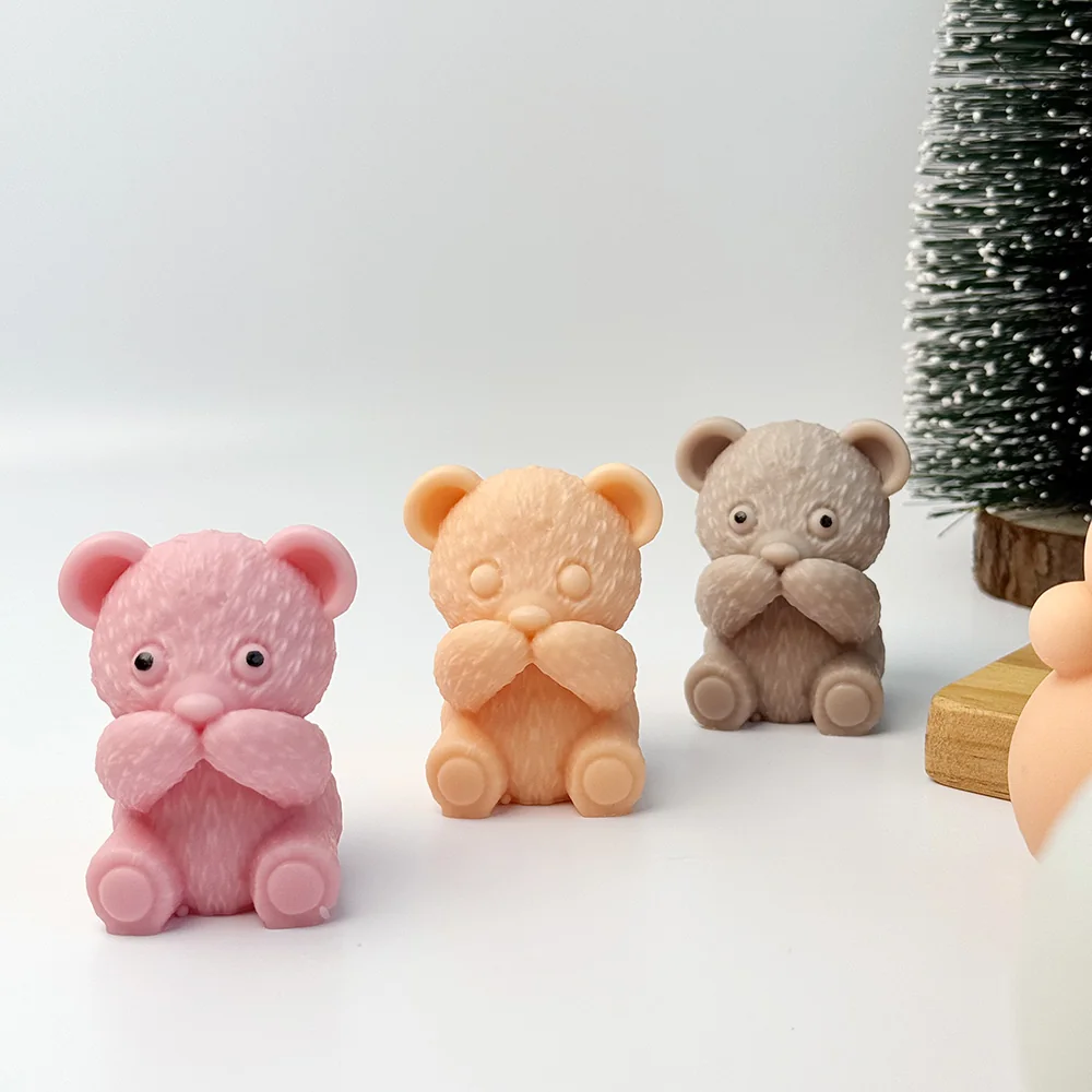 Teddy Bear Silicone Candle Mold with Hands on Face