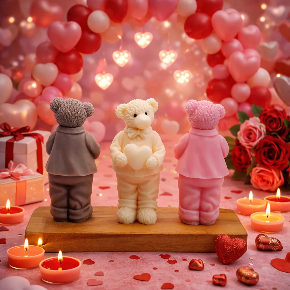Gentleman Bear Silicone Candle Mold with Heart Design
