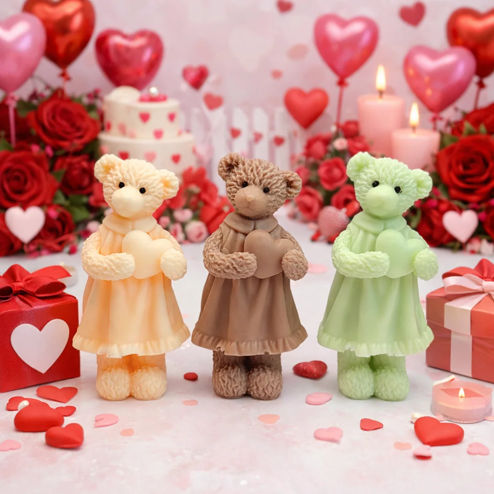 Girl Bear Silicone Candle Mold with Heart Design
