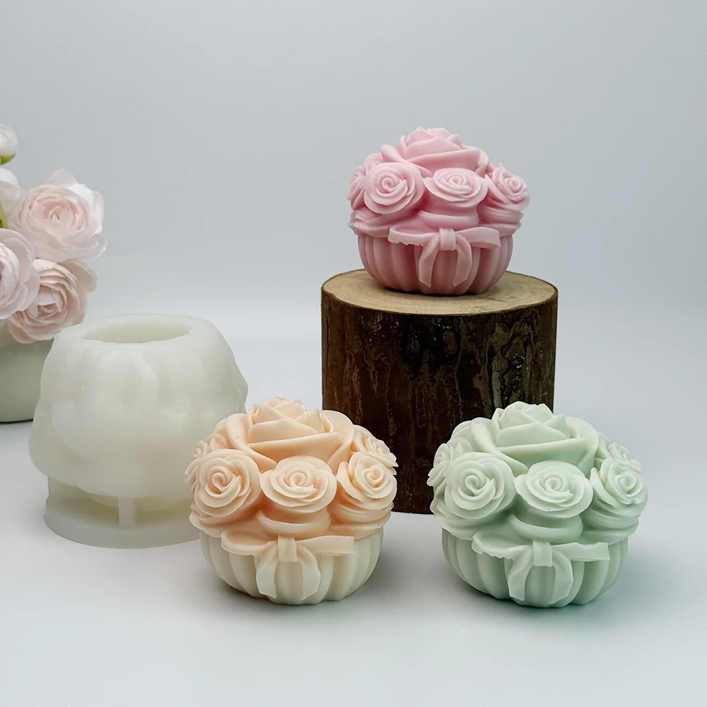 Rose Basket Silicone Candle Mold with Bow Design