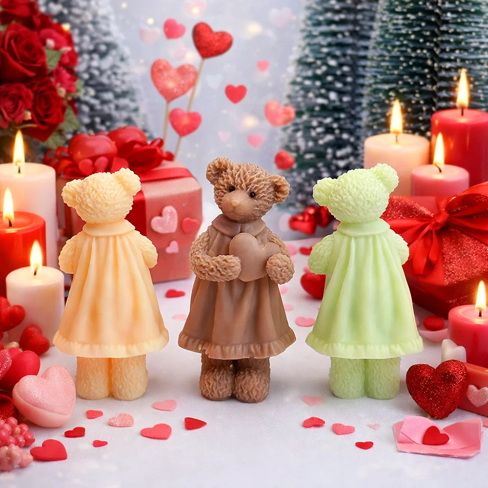 Girl Bear Silicone Candle Mold with Heart Design
