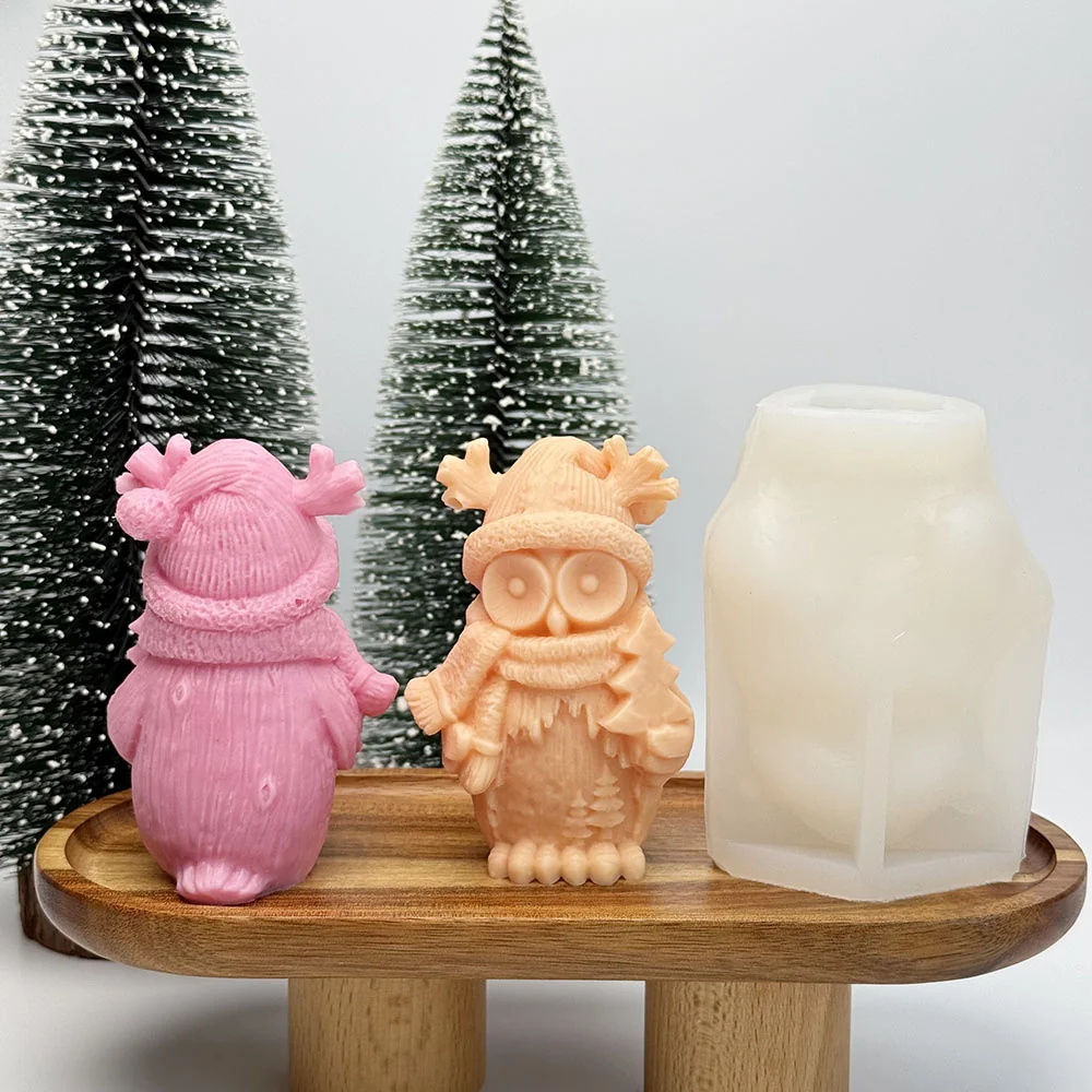 Christmas Owl Silicone Candle Mold with Reindeer Hat Design