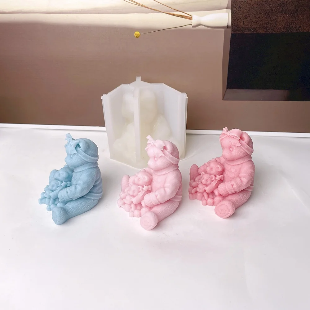 9000-坐姿蝴蝶结抱崽小熊/硅胶模具