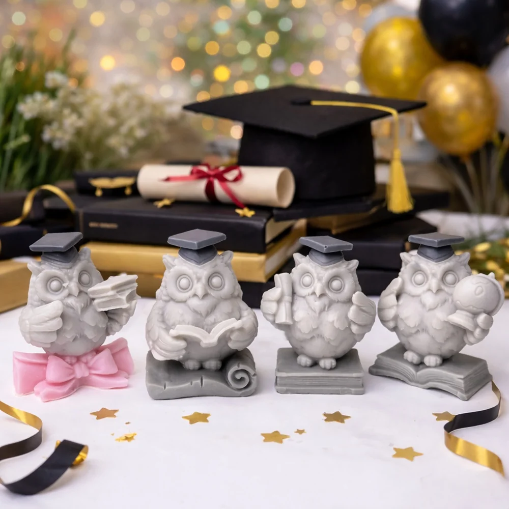 8995-戴学士帽捧书猫头鹰硅胶模具