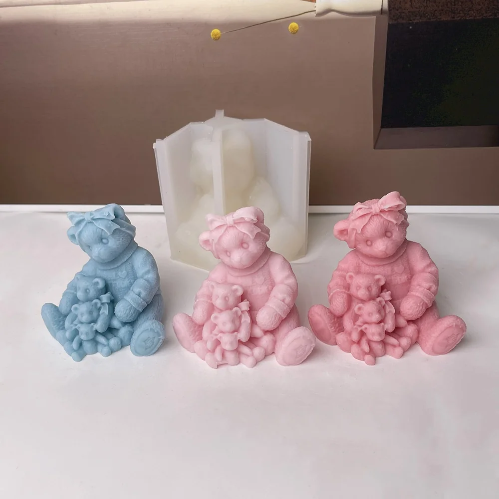 9000-坐姿蝴蝶结抱崽小熊/硅胶模具