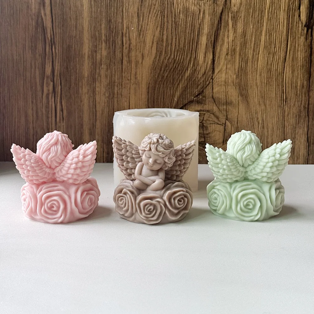 9168-坐玫瑰花丛带翅膀小天使硅胶模具