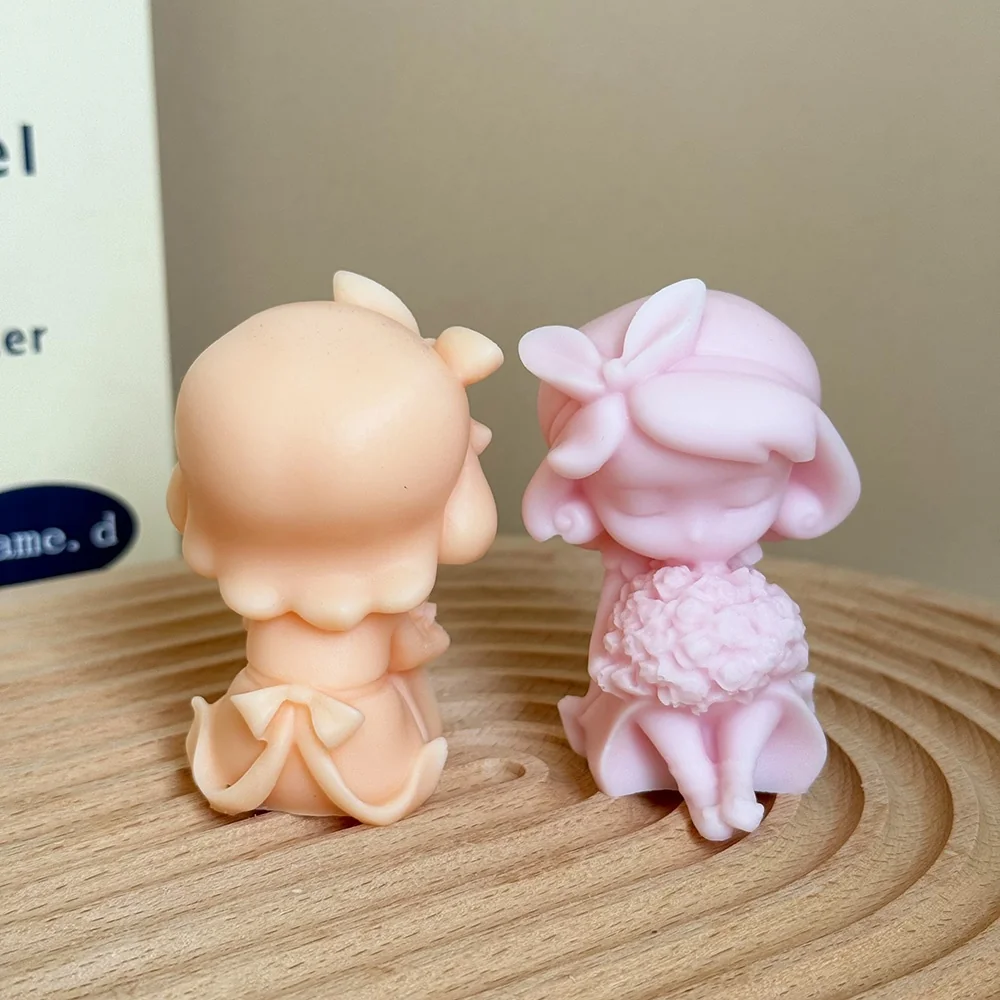 9291-戴蝴蝶结抱花束的闭眼Q版小女孩硅胶模具