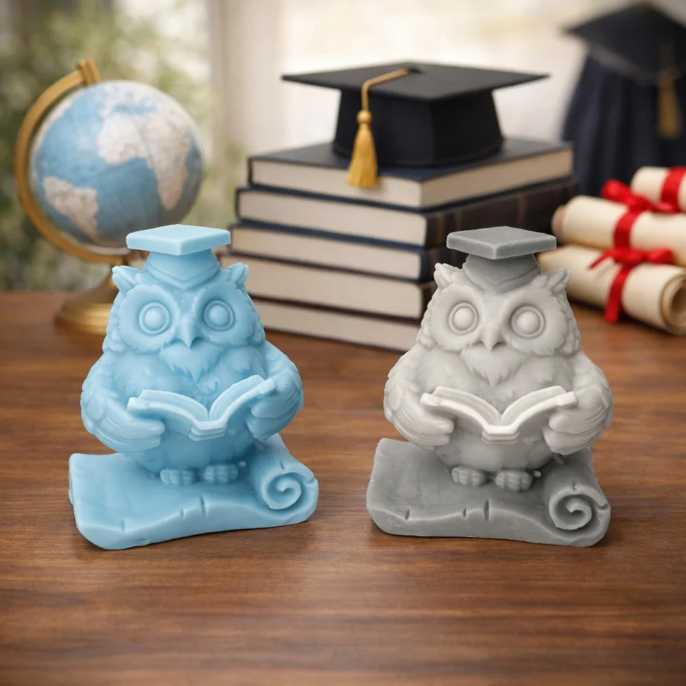 8995-戴学士帽捧书猫头鹰硅胶模具
