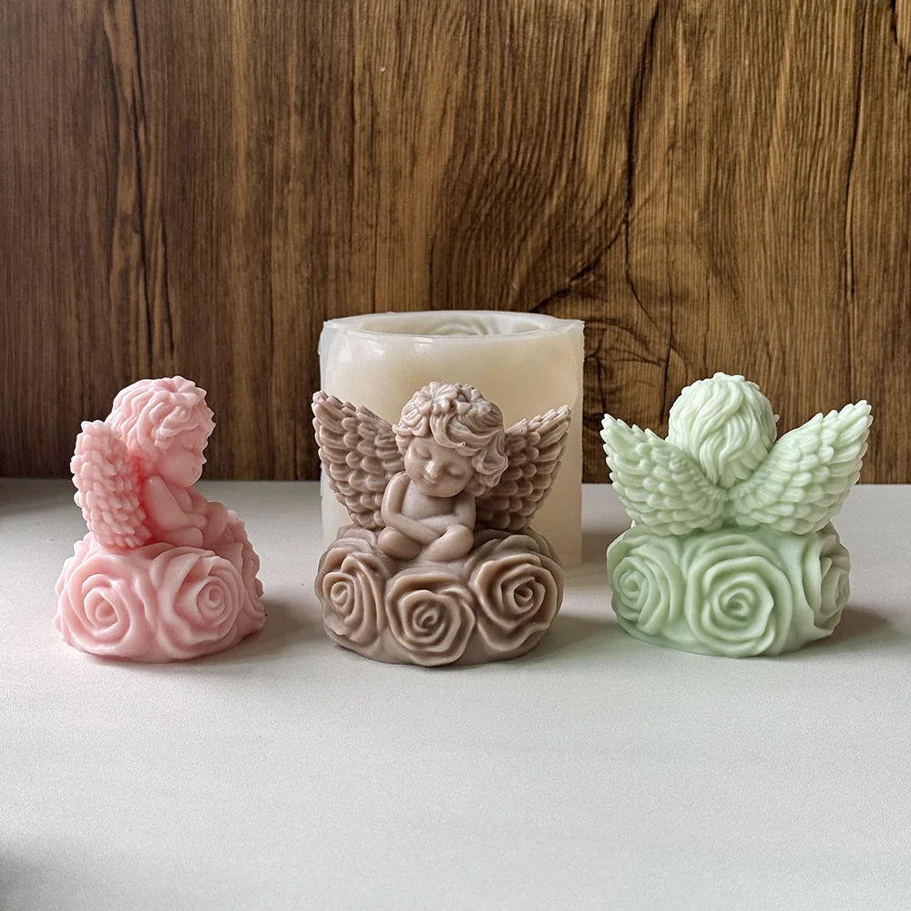 9168-坐玫瑰花丛带翅膀小天使硅胶模具
