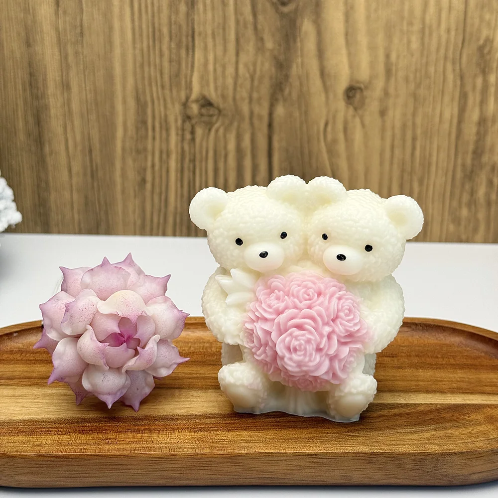 Teddy Bear with Roses Silicone Candle Mold - 9391