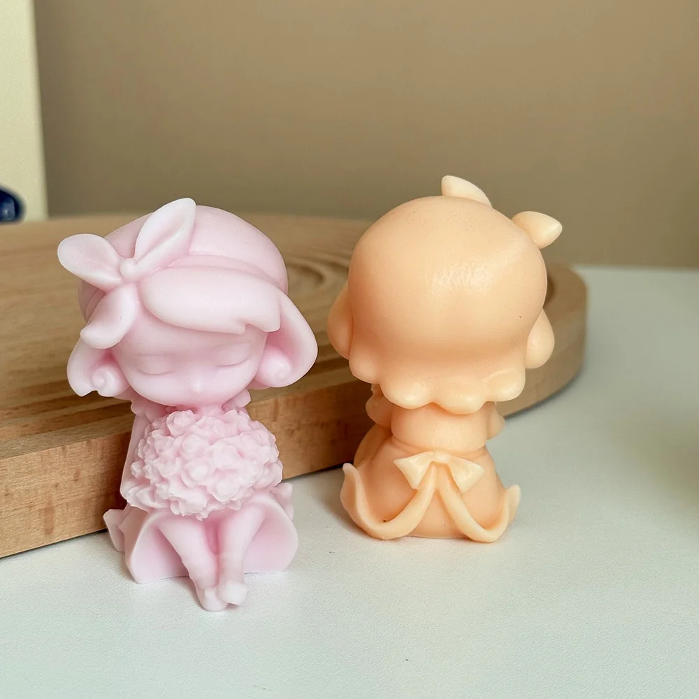 9291-戴蝴蝶结抱花束的闭眼Q版小女孩硅胶模具