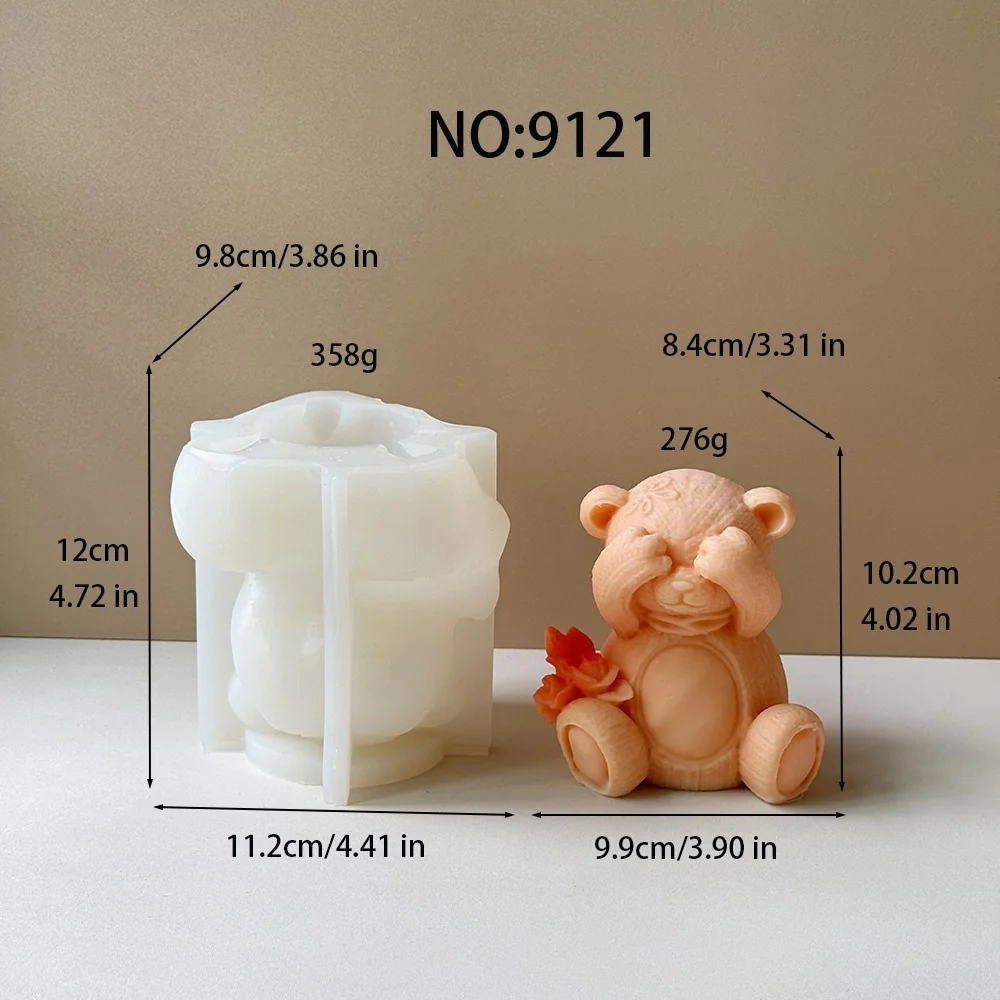 9121-坐立捂眼小熊，腿部搭配枫叶装饰/硅胶模具