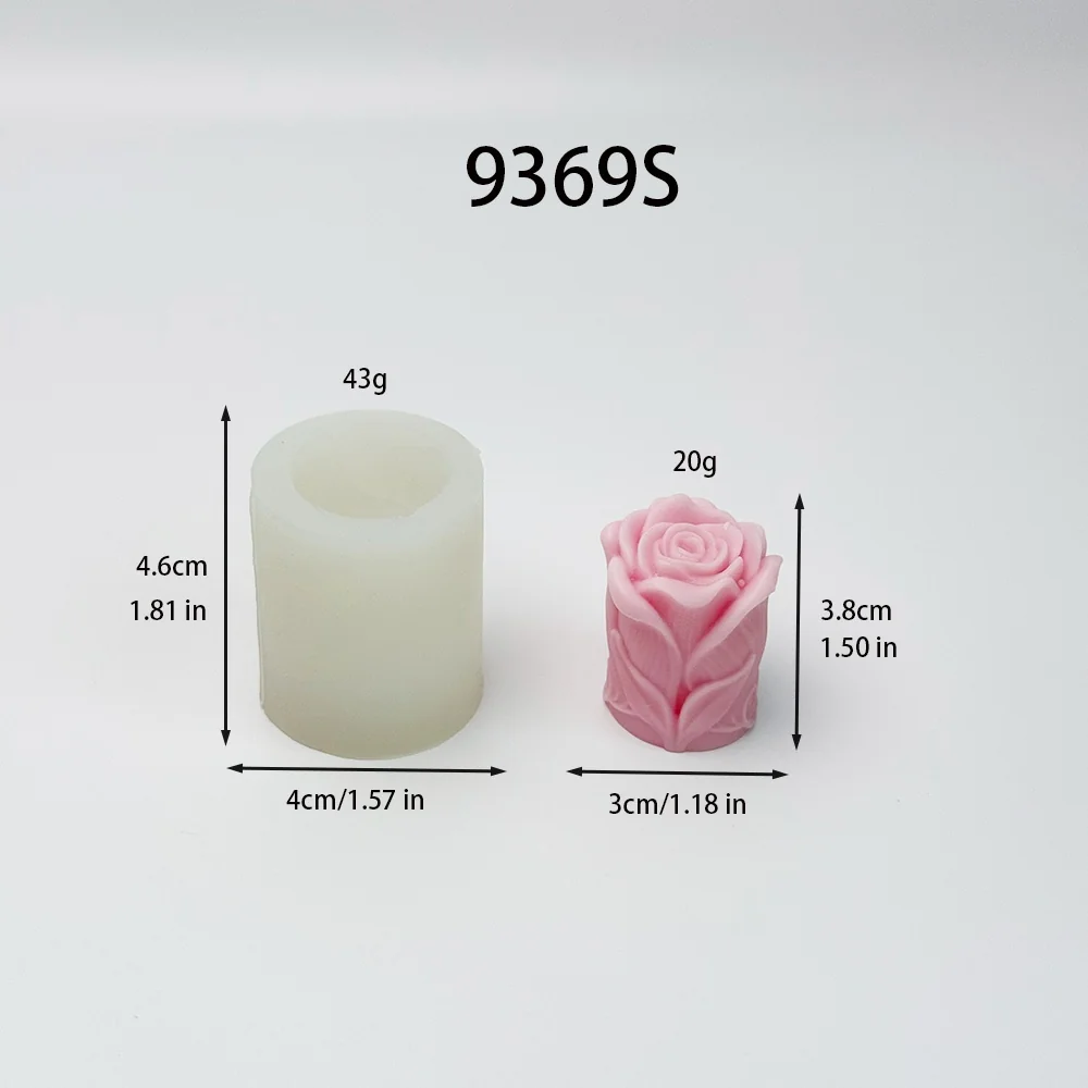 9369S-立体带叶玫瑰花柱硅胶蜡烛模具